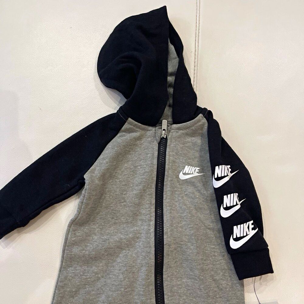 Nike Baby Hooded Zip One-Piece Coverall Colorblock Logo Gray/Black 3-6M